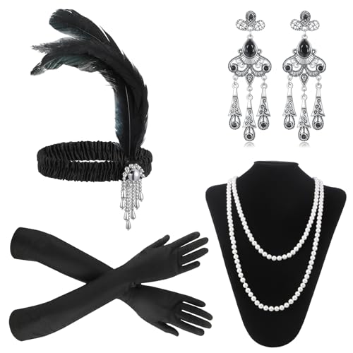 BBTO 4 Stück 1920er Jahre Accessoires Kostüm Damen 1920 Schmuck Flapper Set 20er mit Feder Stirnband Kopfschmuck Handschuhe Perlen Halskette Ohrringe Gatsby Accessoires Halloween von BBTO