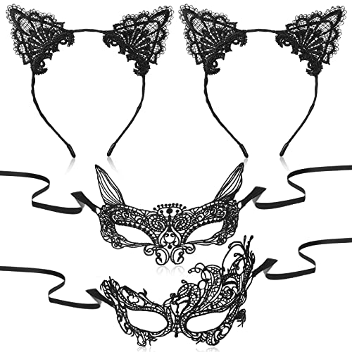 BBTO 4 Stück Halloween Spitze Katzenohren Stirnband Maskerade Maske Augenabdeckung Halloween Haarband Maske Set für Frau Kostüm Makeup Cosplay Gastgeschenke (2 Haarreifen und 2 Masken) von BBTO