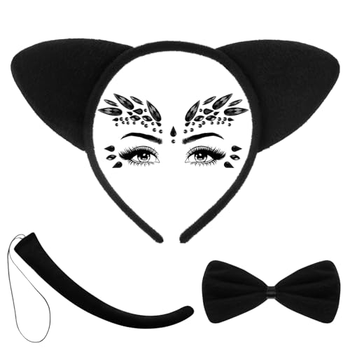 BBTO 4 Stück Katzenkostüm Set Katzenohren Haarreif Schwanz Fliege und Augen Gesicht Edelstein Halloween Tierkostüm Set für Frauen Mädchen Katzenohren Kostüm für Karneval Halloween, Schwarz (Vintage) BBTO 4 Stück Katzenkostüm Set Katzenohren Haarreif Schwanz Fliege und Augen Gesicht Edelstein Halloween Tierkostüm Set für Frauen Mädchen Katzenohren Kostüm für Karneval Halloween, Schwarz (Vintage) von BBTO