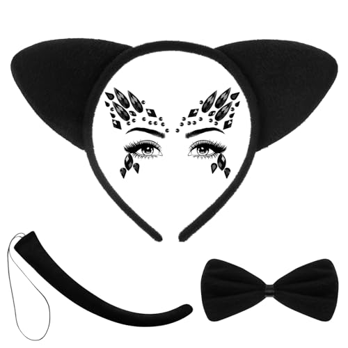 BBTO 4 Stück Katzenkostüm Set Katzenohren Haarreif Schwanz Fliege und Augen Gesicht Edelstein Halloween Tierkostüm Set für Frauen Mädchen Katzenohren Kostüm für Karneval Halloween, Schwarz (Süß) BBTO 4 Stück Katzenkostüm Set Katzenohren Haarreif Schwanz Fliege und Augen Gesicht Edelstein Halloween Tierkostüm Set für Frauen Mädchen Katzenohren Kostüm für Karneval Halloween, Schwarz (Süß) von BBTO
