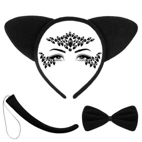 BBTO 4 Stück Katzenkostüm Set Katzenohren Haarreif Schwanz Fliege und Augen Gesicht Edelstein Halloween Tierkostüm Set für Frauen Mädchen Katzenohren Kostüm für Karneval Halloween, Schwarz (Klassisch) BBTO 4 Stück Katzenkostüm Set Katzenohren Haarreif Schwanz Fliege und Augen Gesicht Edelstein Halloween Tierkostüm Set für Frauen Mädchen Katzenohren Kostüm für Karneval Halloween, Schwarz (Klassisch) von BBTO