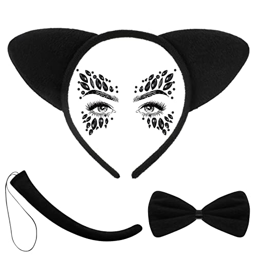 BBTO 4 Stück Katzenkostüm Set Katzenohren Haarreif Schwanz Fliege und Augen Gesicht Edelstein Halloween Tierkostüm Set für Frauen Katzenohren Kostüm für Karneval Halloween, Schwarz (Stilvoll) BBTO 4 Stück Katzenkostüm Set Katzenohren Haarreif Schwanz Fliege und Augen Gesicht Edelstein Halloween Tierkostüm Set für Frauen Katzenohren Kostüm für Karneval Halloween, Schwarz (Stilvoll) von BBTO