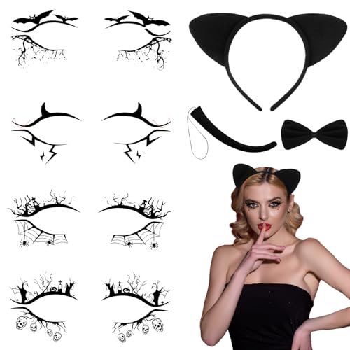 BBTO 7 Stück Katze Cosplay Set inklusive Katzenohren Stirnband Katze Fliege Schwanz und 4 Paar Eyeliner Aufkleber Tier Verkleidung Accessoires für Damen Festival Karneval (Klassischer Stil) von BBTO