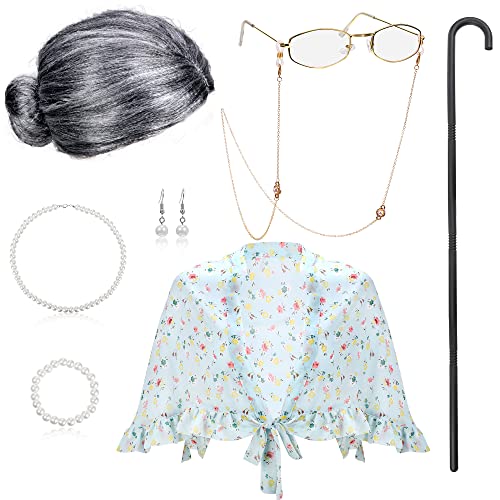 BBTO Alte Dame Cosplay Set Inklusive Oma Kostüm Schürze Schal Großmutti Stock Perücke Rahmen Brillen mit Brillen Ketten Kordel Kunstperlen Halskette Armband Ohrringe (Aschgraue Frisur) von BBTO