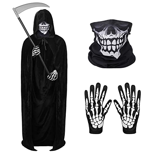 BBTO Sensenmann Kostüm Set inklusive Schwarz Halloween Umhang mit Kapuze, Skelett Handschuhe, Totenkopf Gesichtsmaske und Sense Requisiten für Damen Herren Kinder Halloween Vampir Cosplay von BBTO