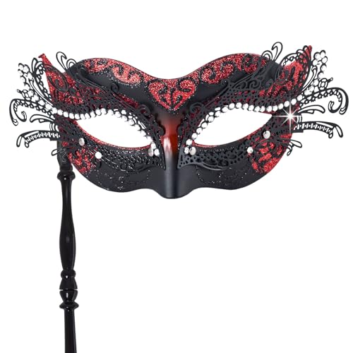 BCARICH Maskerade Maske mit Stab für Frauen, halbe venezianische Maske, Party-Kostüm-Zubehör für Halloween, Karnevalsball (Rot) von BCARICH