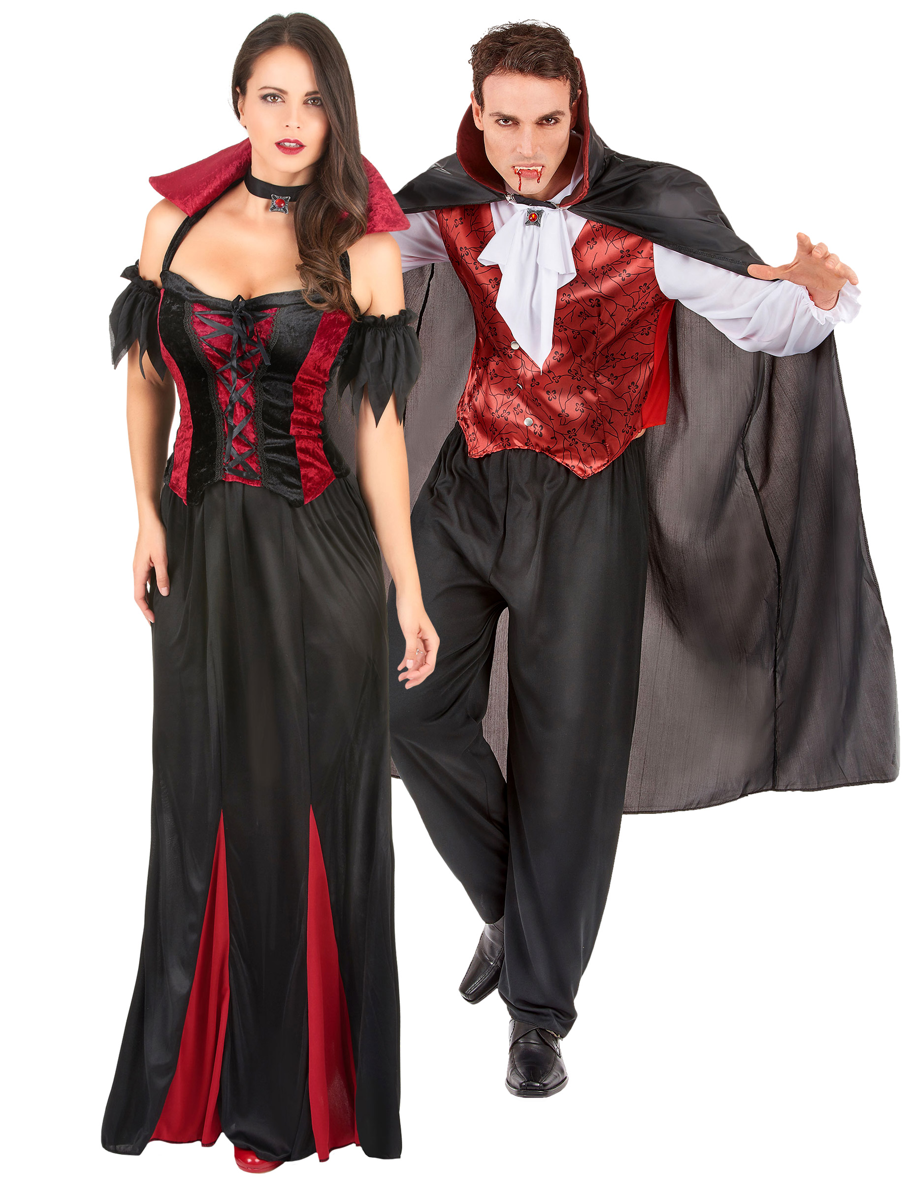 Adliges Vampirpaar Halloween-Paarkostüm für Erwachsene schwarz-rot-weiß von BCI