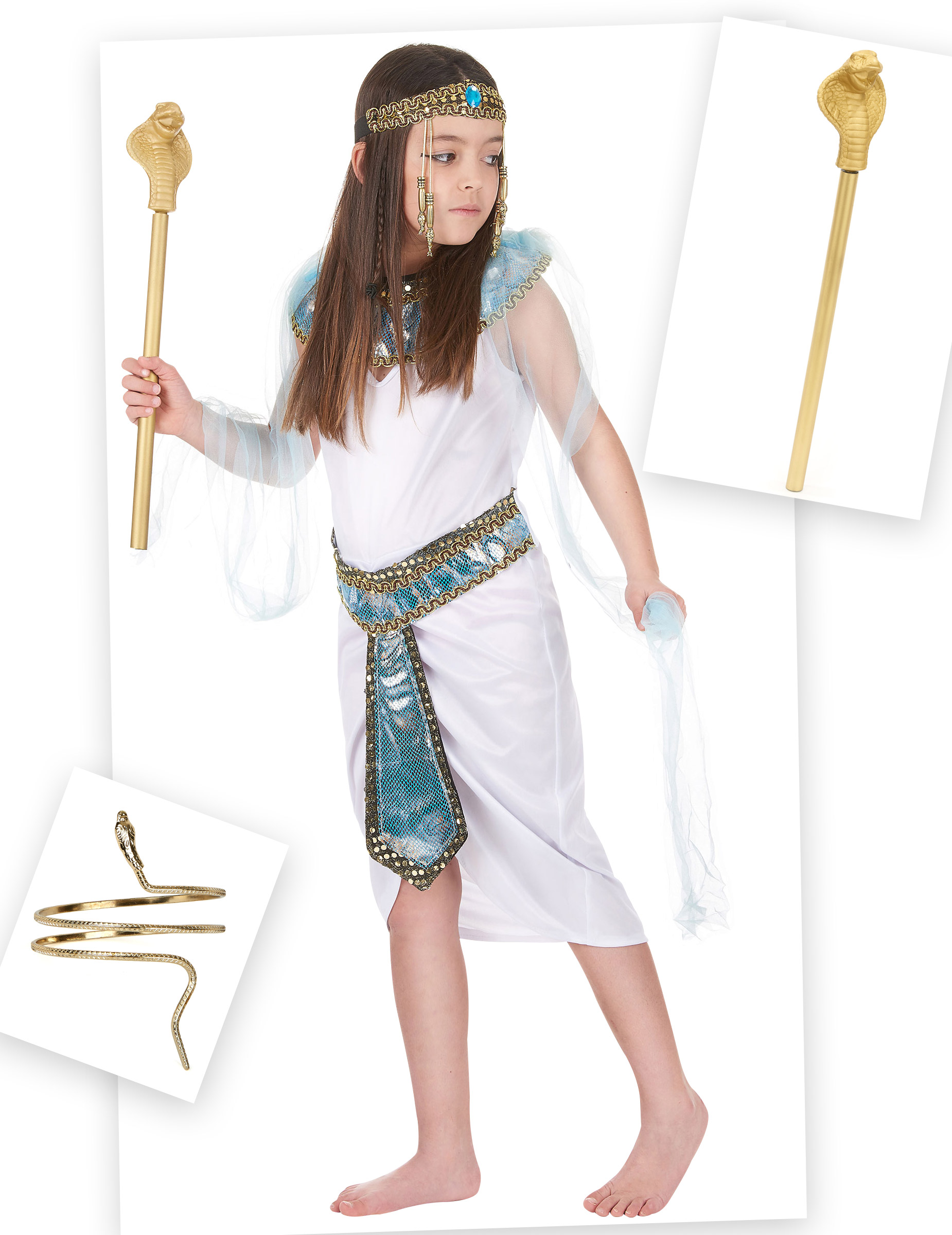 Antikes Ägypten-Kostüm für Mädchen 6-teilig weiss-blau-gold Antikes Ägypten-Kostüm für Mädchen 6-teilig weiss-blau-gold von BCI