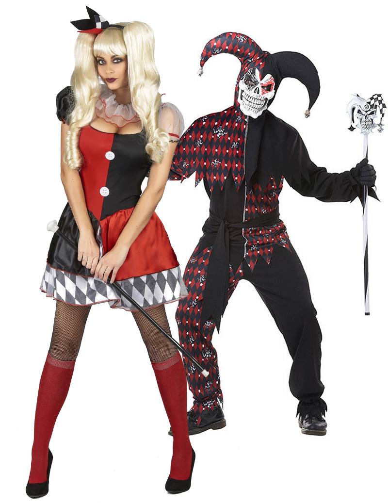 Aufregendes Psychoclown-Paarkostüm für Damen und Herren Halloween schwarz-rot-weiß von BCI