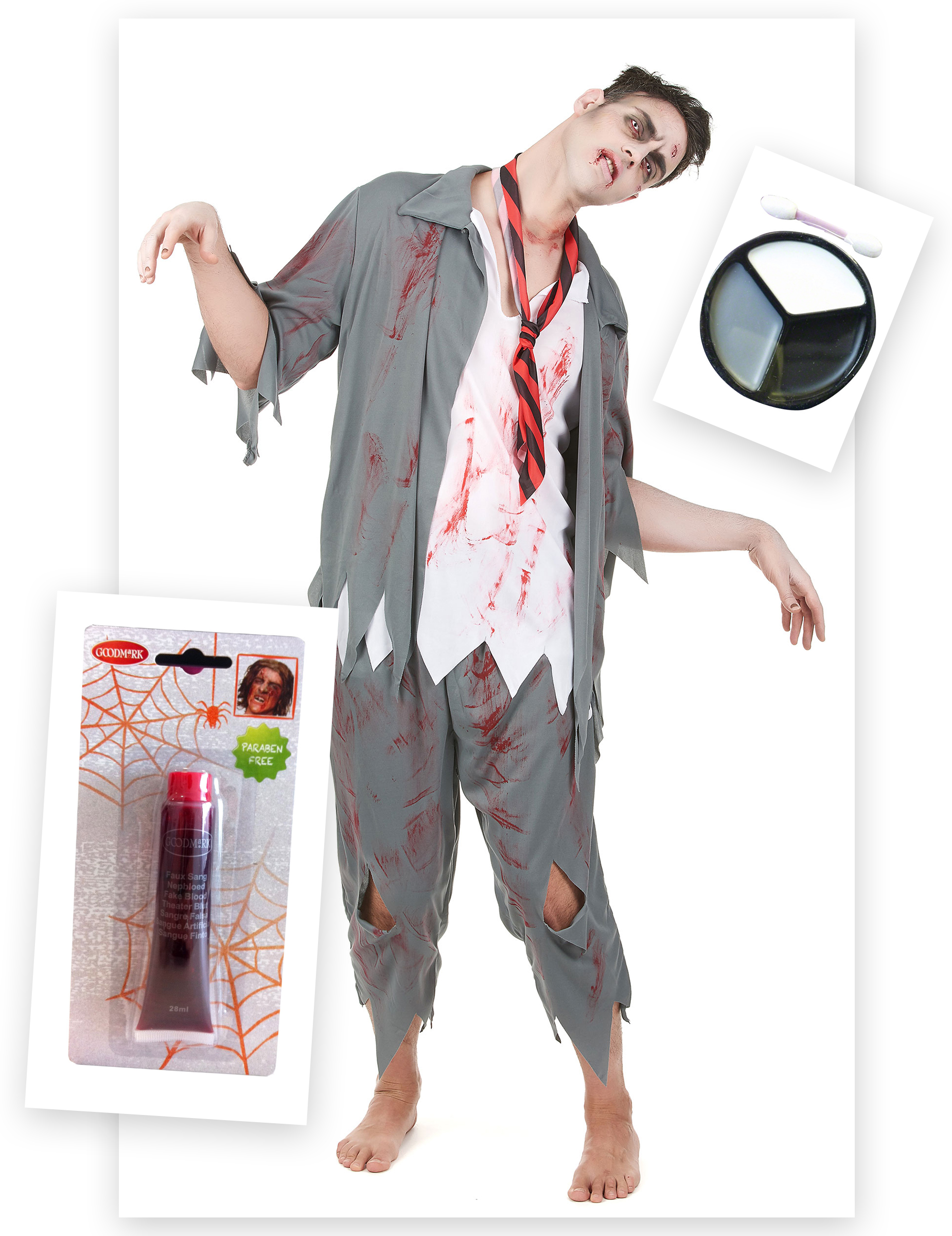 Blutiger Zombie-Schuljunge Halloween Herrenkostüm grau-weiss-rot von BCI