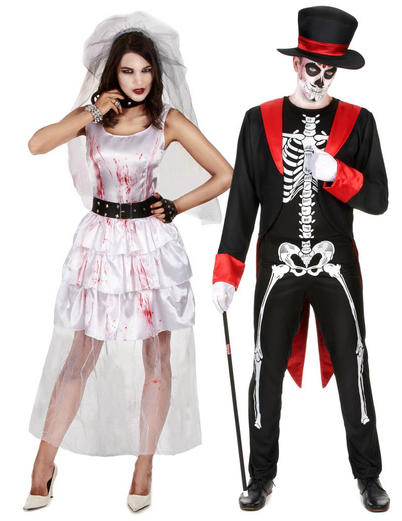 Blutiges Brautpaar-Paarkostüm Halloween schwarz-weiss-rot von BCI