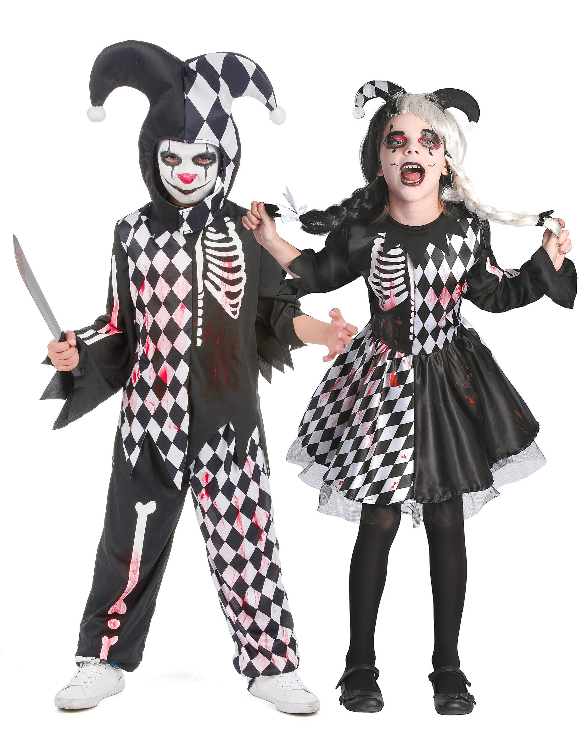 Blutiges Harlekin-Paarkostüm für Kinder Halloween-Kostüm schwarz-weiss von BCI