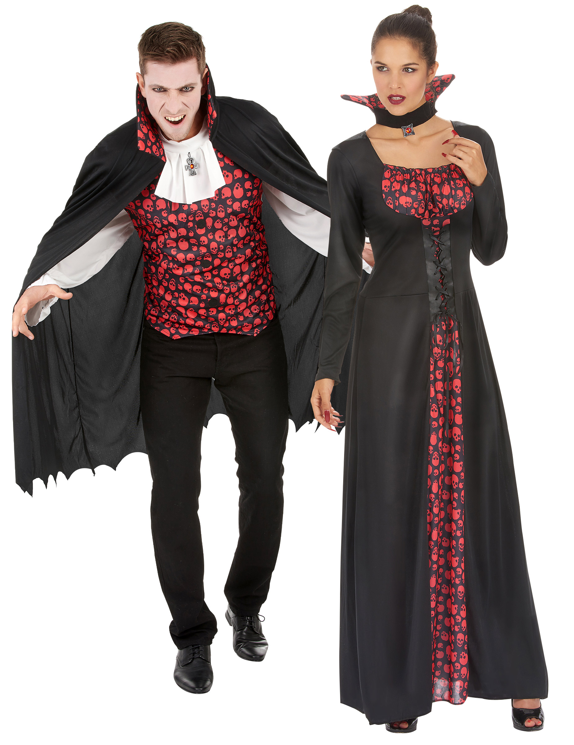 Edles Vampir-Pärchen Halloween-Paarkostüm für Erwachsene schwarz-rot-weiß von BCI