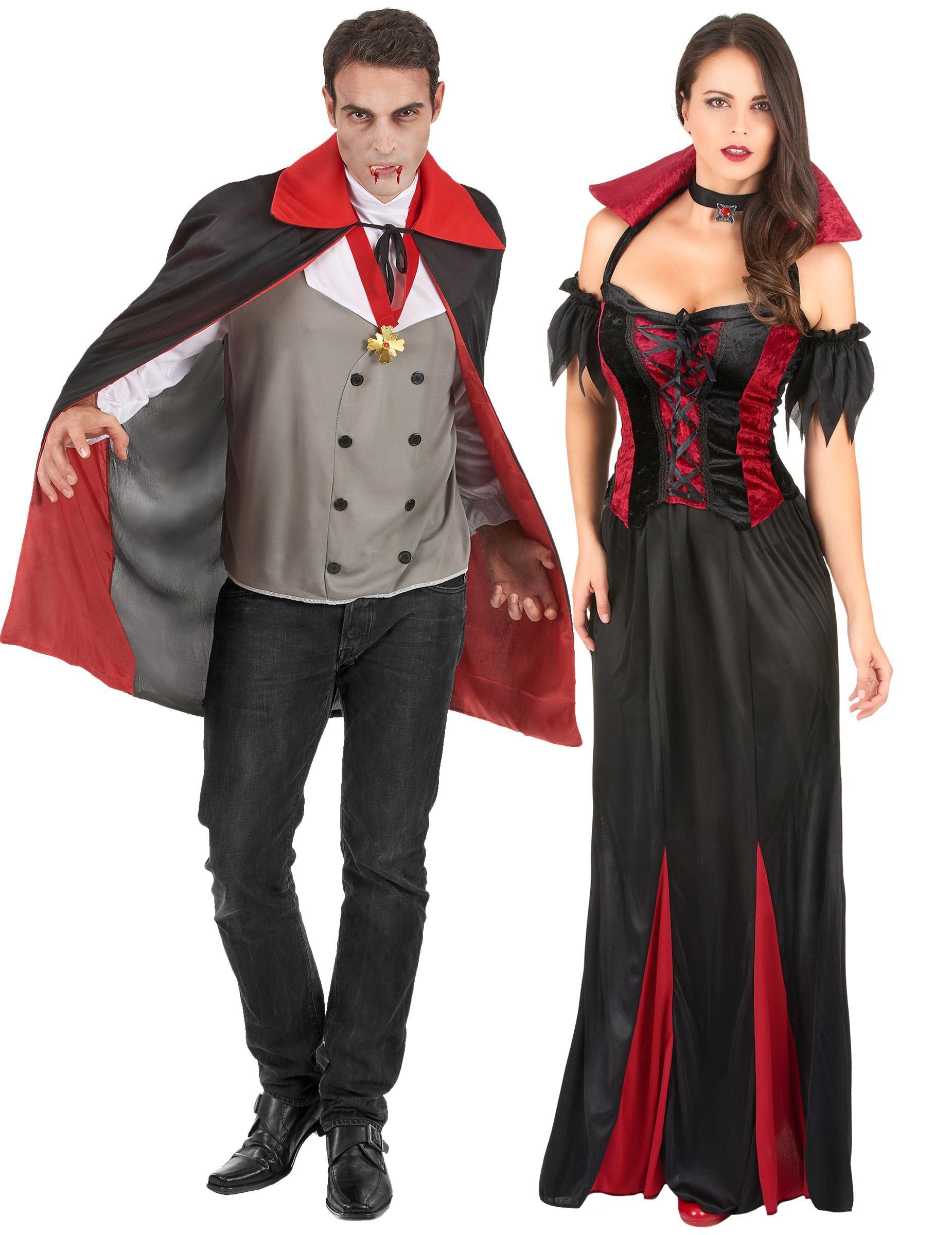 Elegantes Vampir-Pärchen Halloween-Paarkostüm für Erwachsene schwarz-rot-grau von BCI