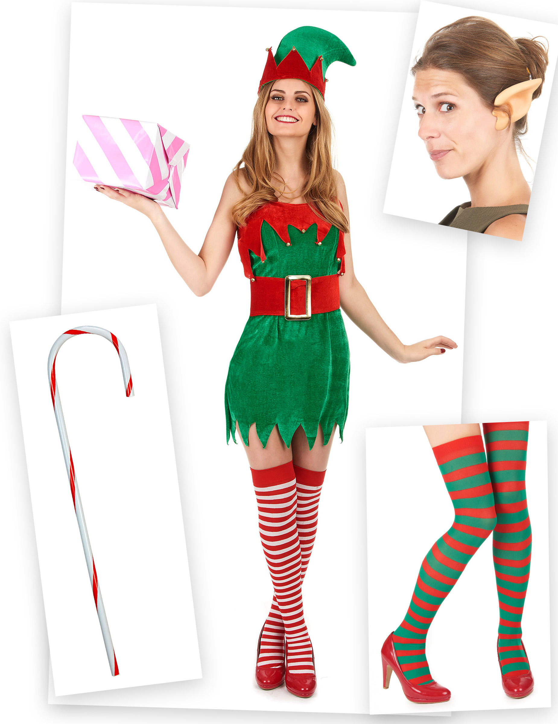 Elfen-Kostümset für Damen Weihnachtskostüm 6-teilig rot-grün von BCI