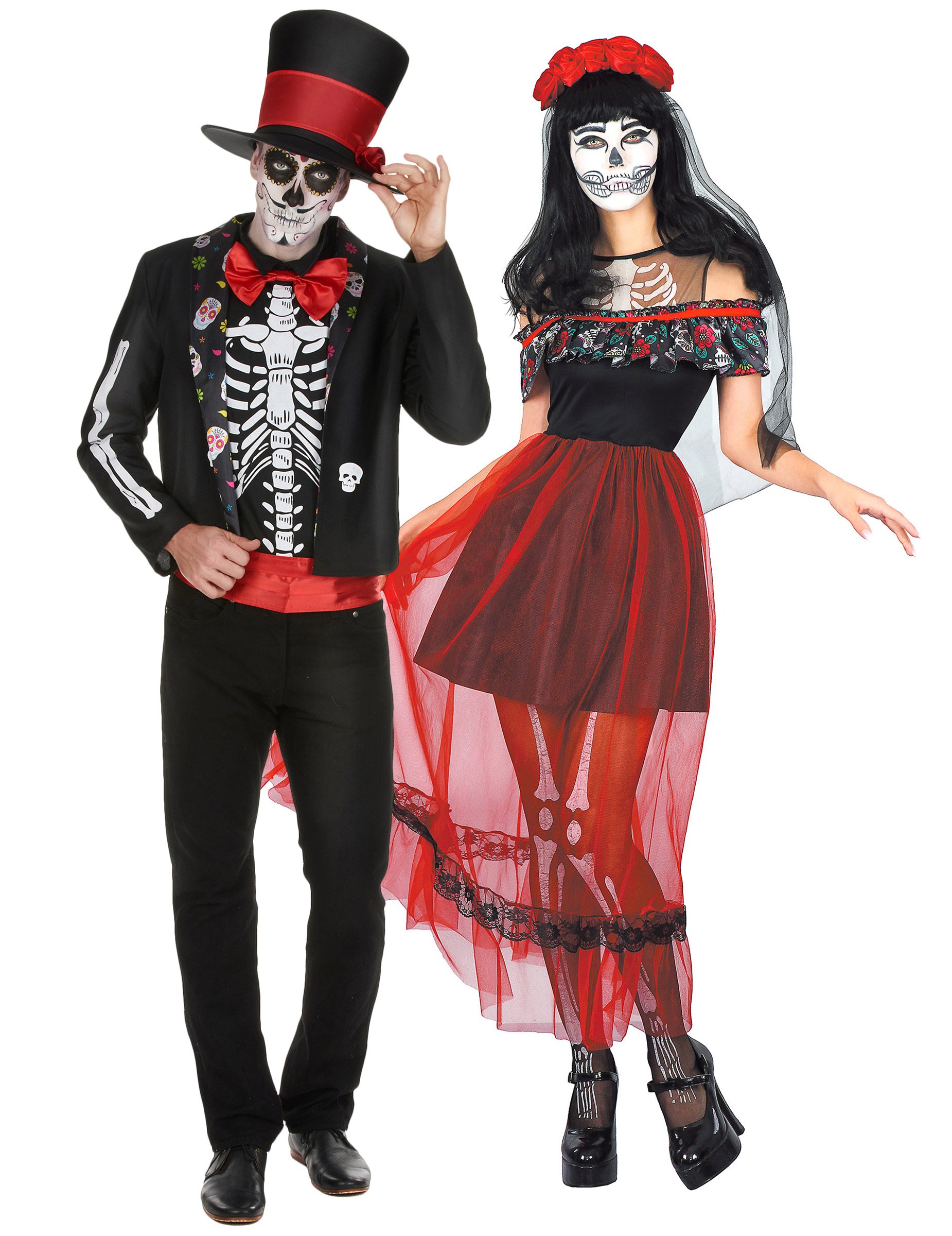 Farbenfrohes Dia de los Muertos-Pärchen Halloween-Paarkostüm für Erwachsene bunt von BCI