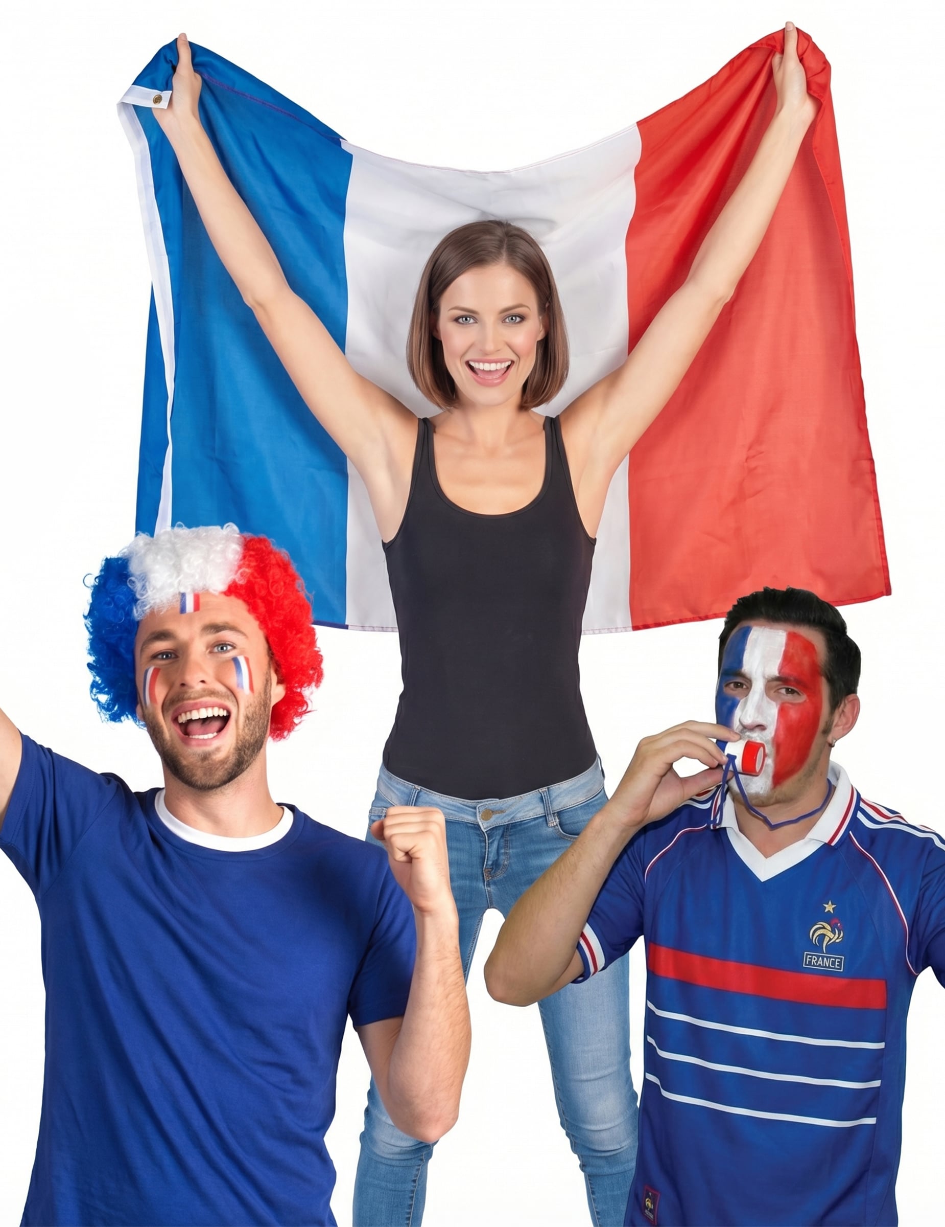 Frankreich Fan-Set: Perücke, Umhang und Mini-Trompete von BCI