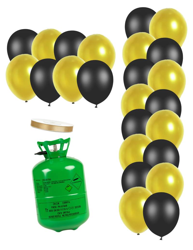 Heliumflaschen Set mit 12 schwarzen Ballons, 12 goldene Ballons und Band von BCI