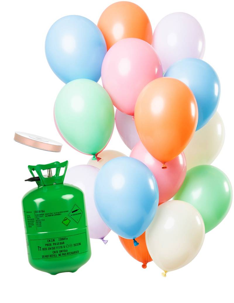 Heliumflaschen Set mit 15 pastellfarbenen Ballons mit Satinband von BCI