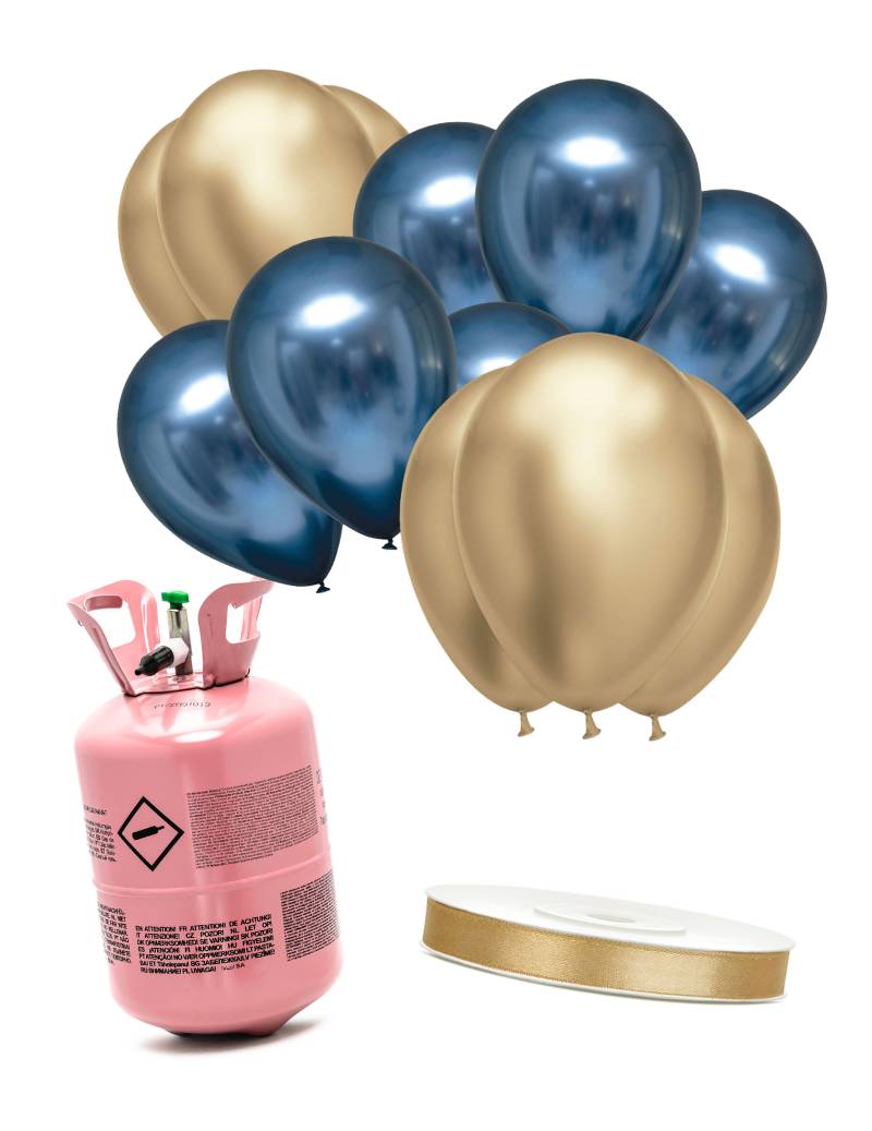 Heliumflaschen Set mit 6 marineblauen Ballons, 6 goldenen Ballons und Band von BCI
