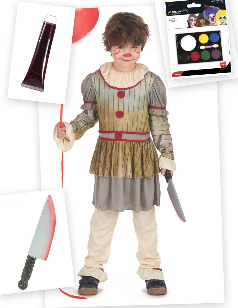 Horrorclown-Kostümset für Kinder Halloween-Kinderkostüm 4-teilig beige-rot von BCI