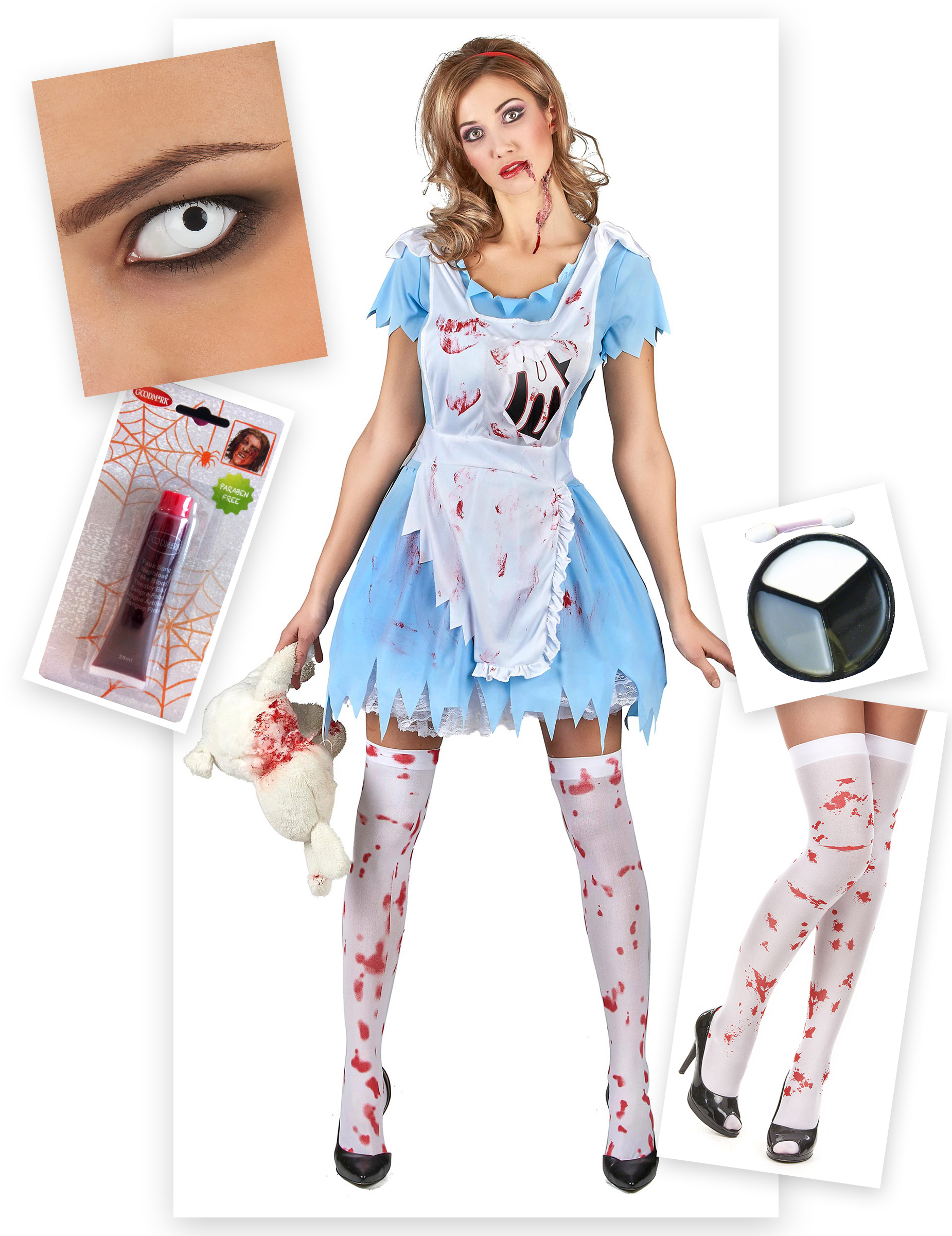Kostüm-Set Horror-Alice für Damen Halloween 5-teilig blau-weiss-rot von BCI