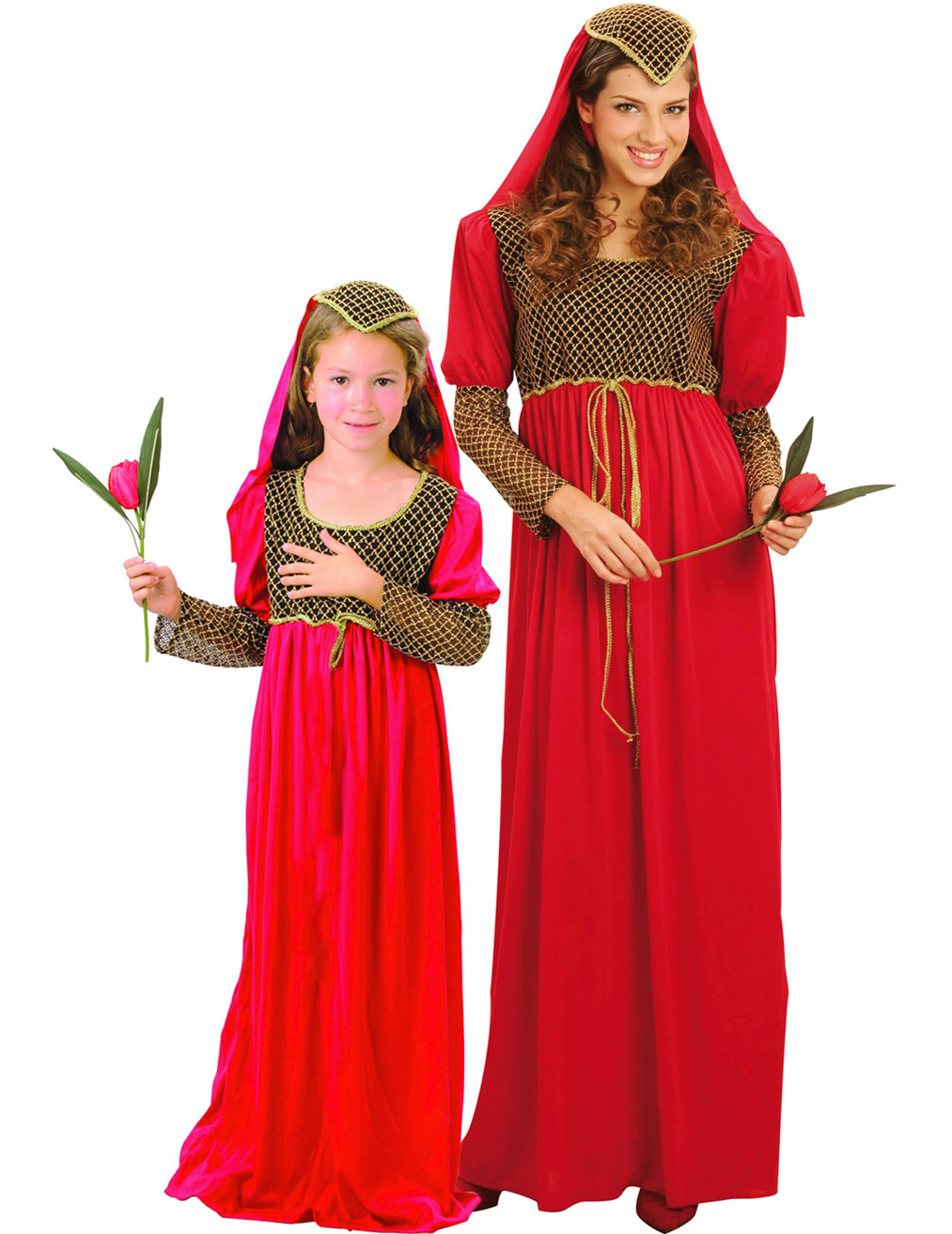 Mittelalterliches Prinzessinnen-Paarkostüm für Damen und Mädchen schwarz-rot-goldfarben von BCI