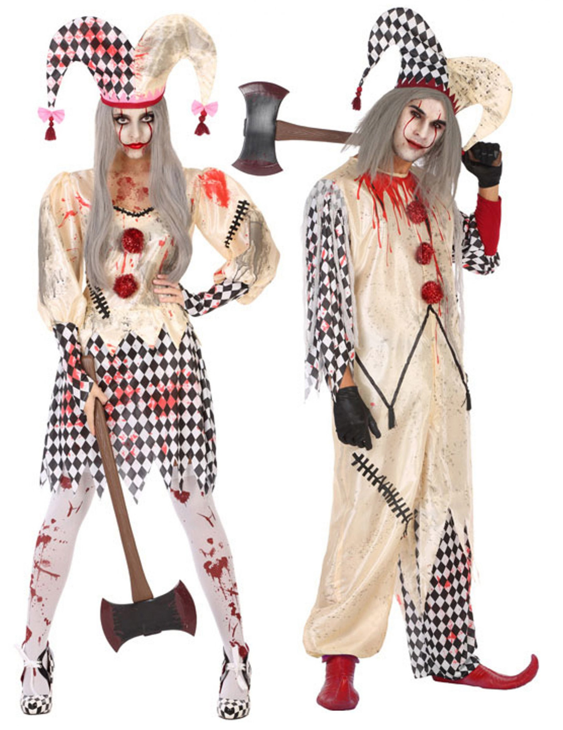 Mörderische Harlekin Halloween-Paarkostüm für Erwachsene schwarz-weiß-rot von BCI