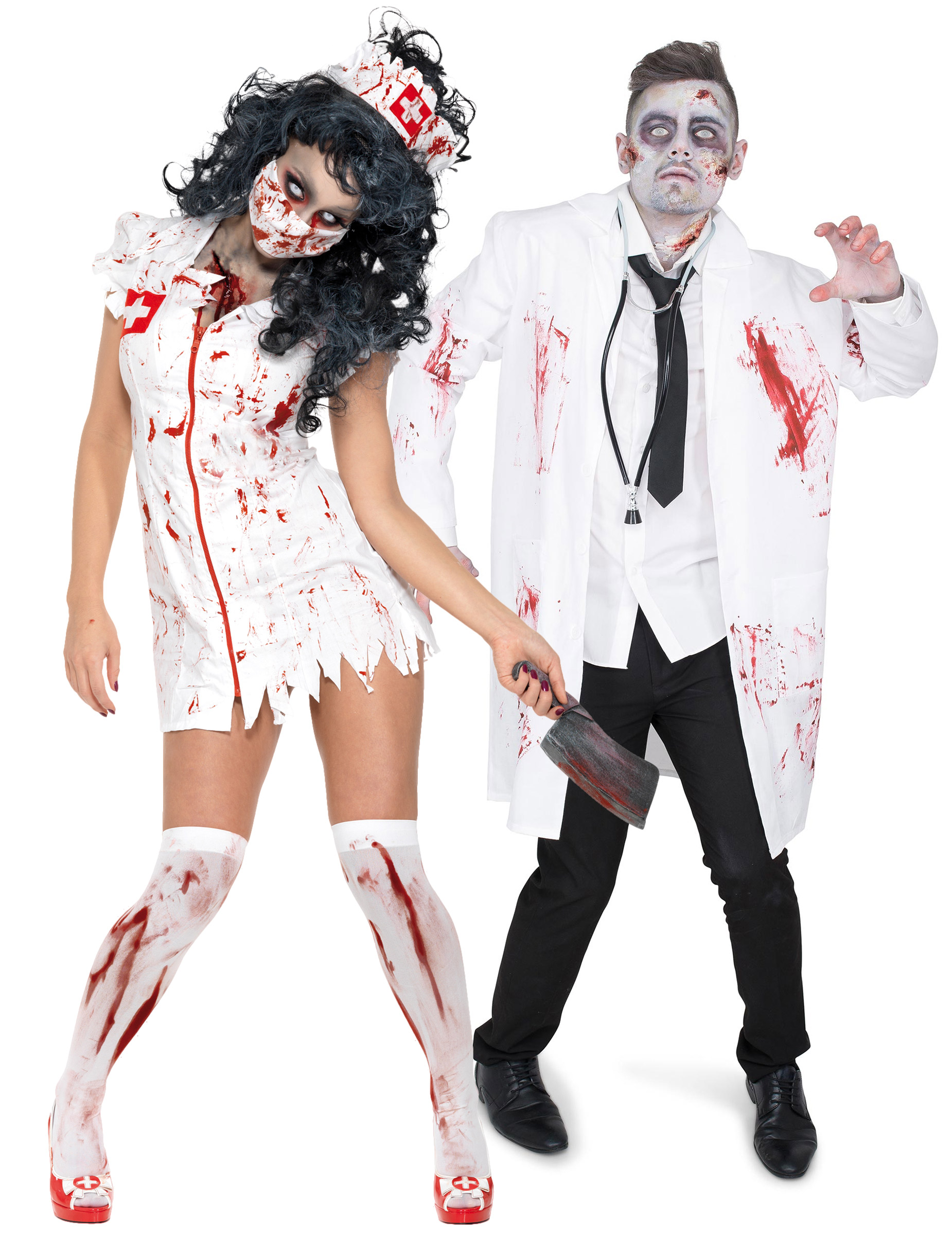 Mörderische Zombie-Doktoren Halloween-Paarkostüm für Erwachsene weiß-rot-schwarz von BCI