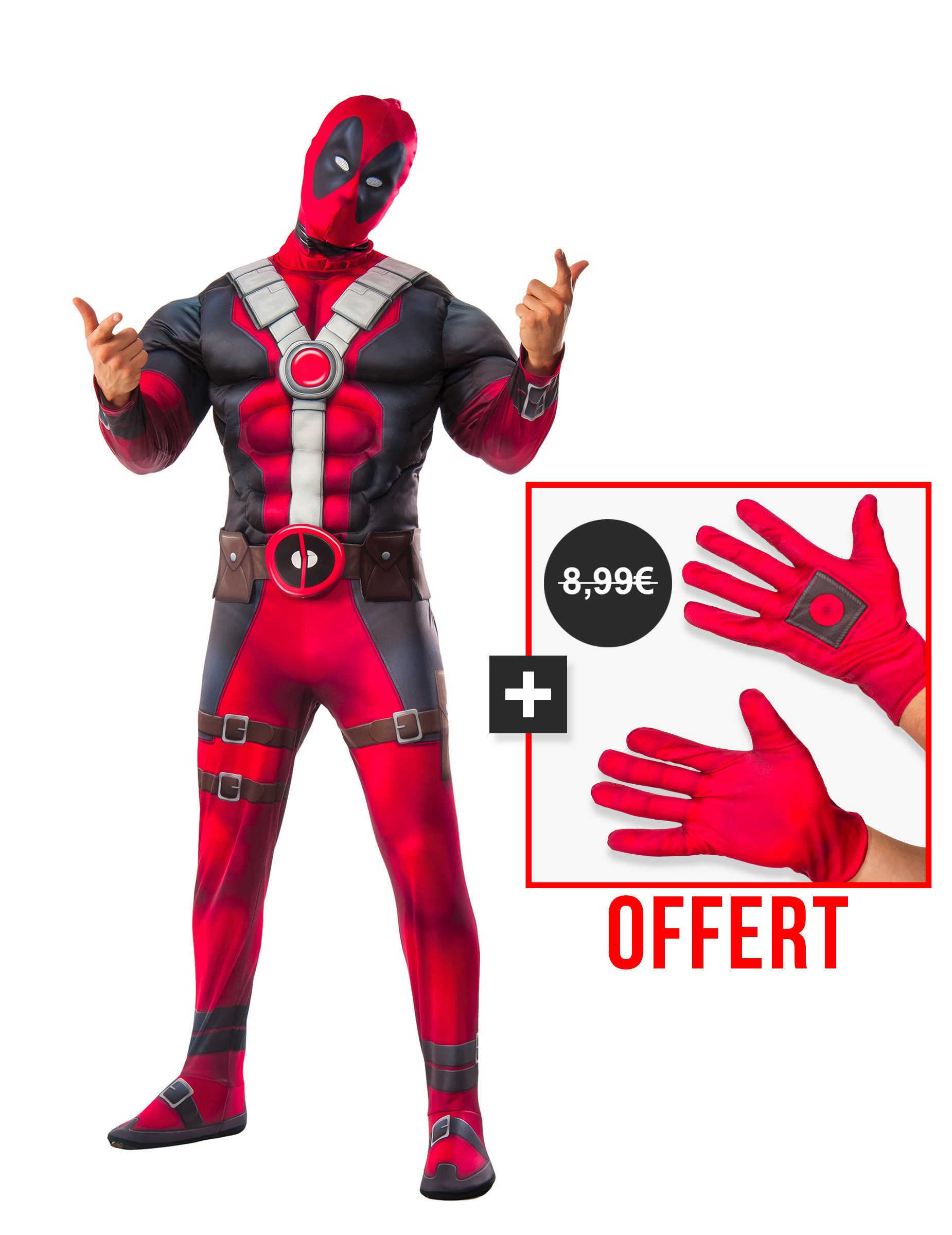 Muskulöses Deadpool-Kostümset mit Handschuhen rot-schwarz von BCI