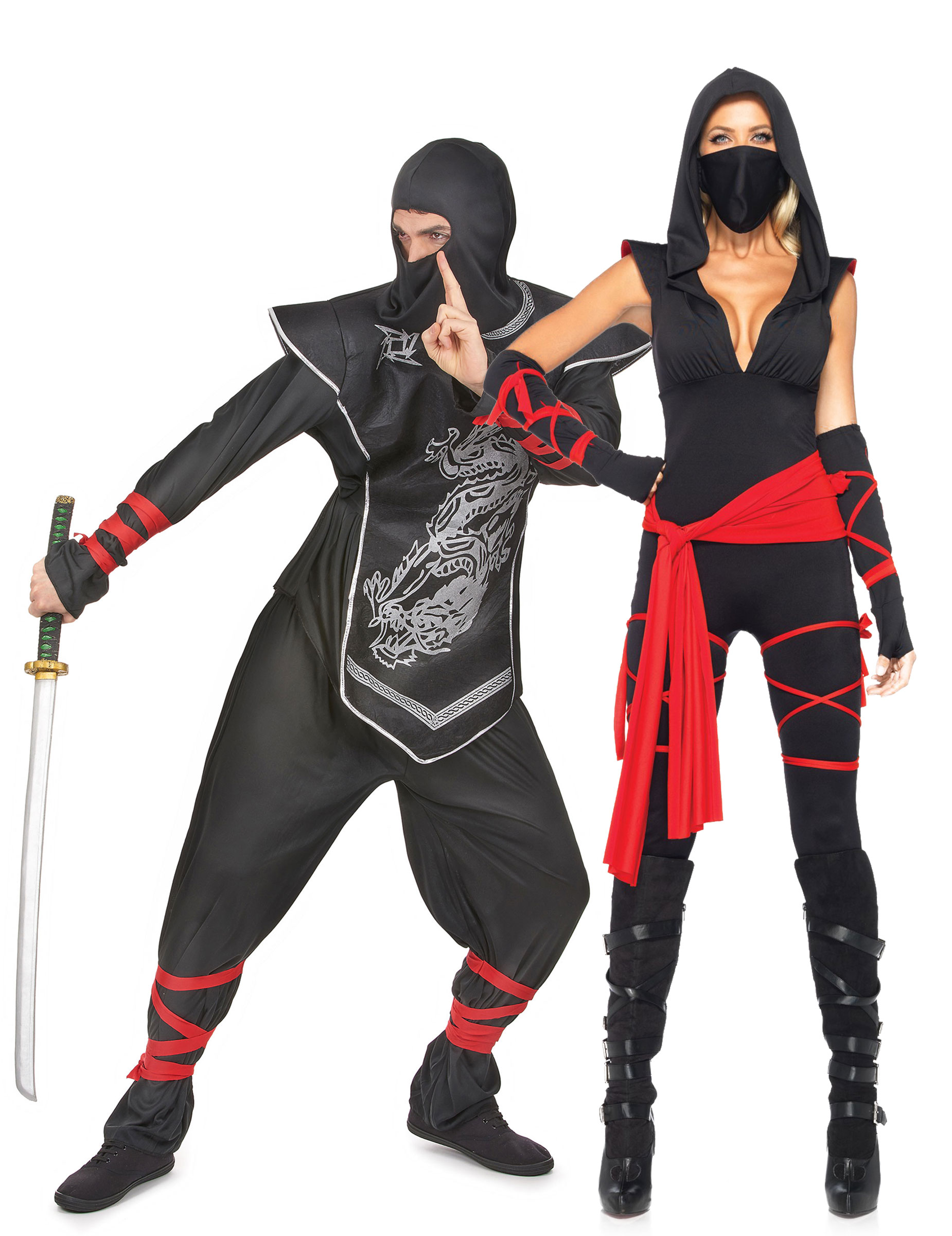 Ninja Kostüm-Set für Paare schwarz-rot-silber von BCI