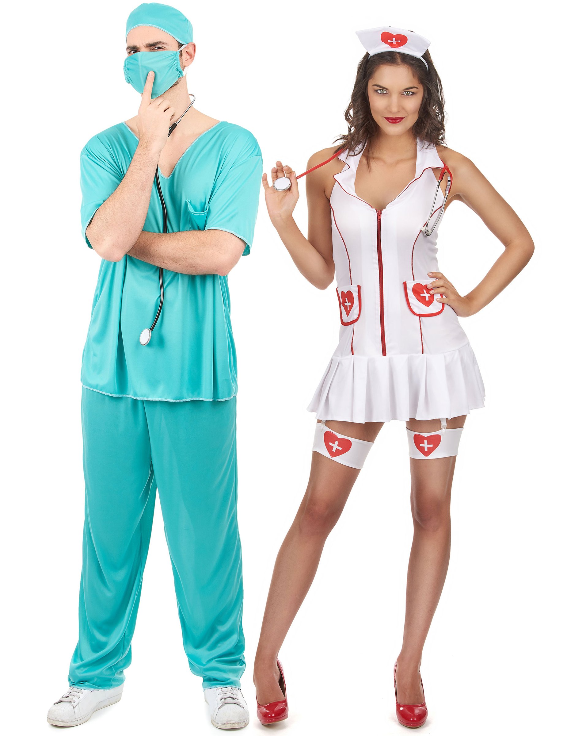 Paar-Kostüm für Erwachsene - Krankenschwester und OP-Arzt - weiß/rot/türkis von BCI
