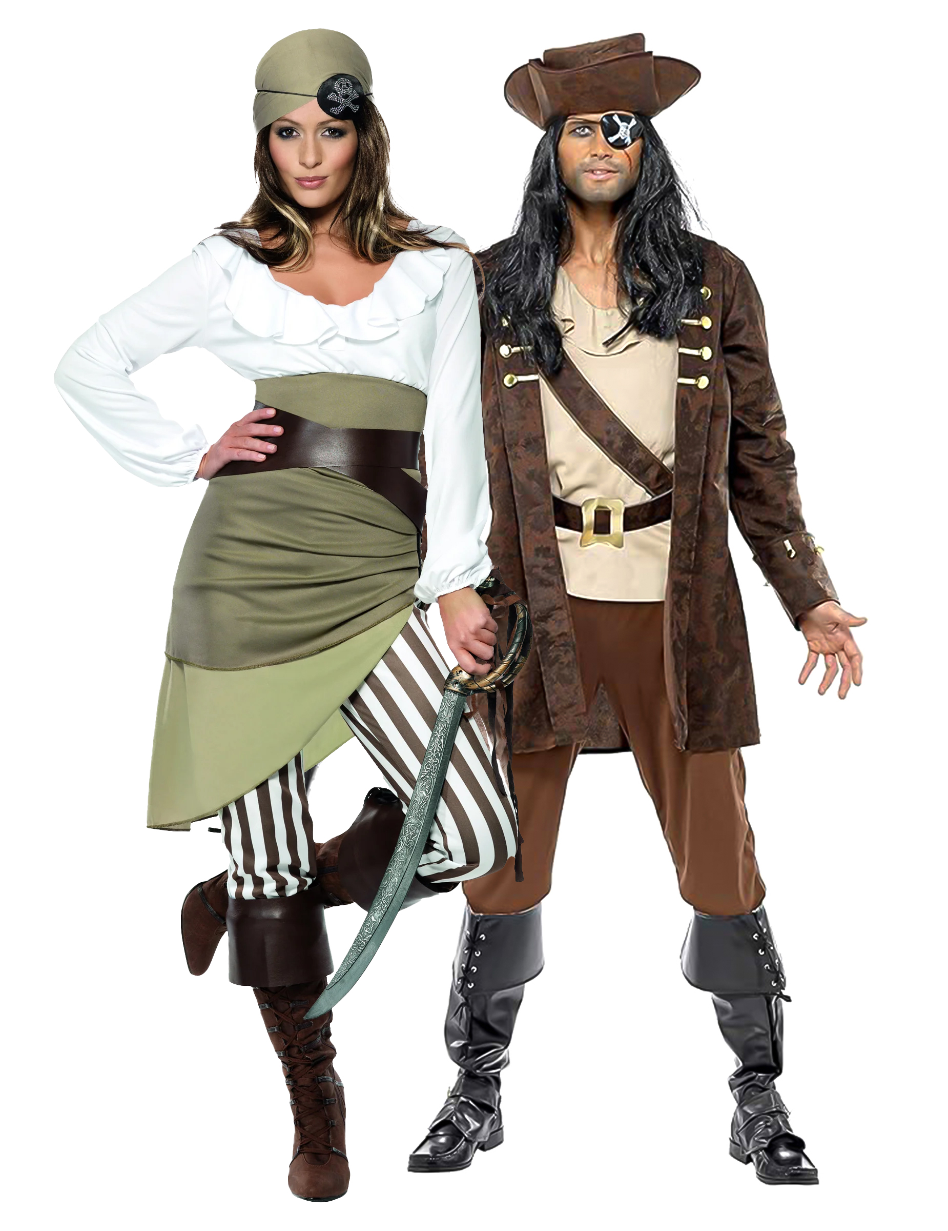 Piraten-Paarkostüm für Erwachsene braun-beige und grün-weiß Piraten-Paarkostüm für Erwachsene braun-beige und grün-weiß von BCI