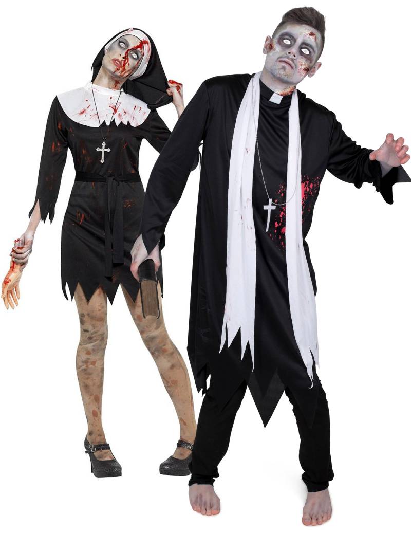 Religiöses Zombiepaar Erwachsenen-Paarkostüm für Halloween schwarz-weiß-rot von BCI