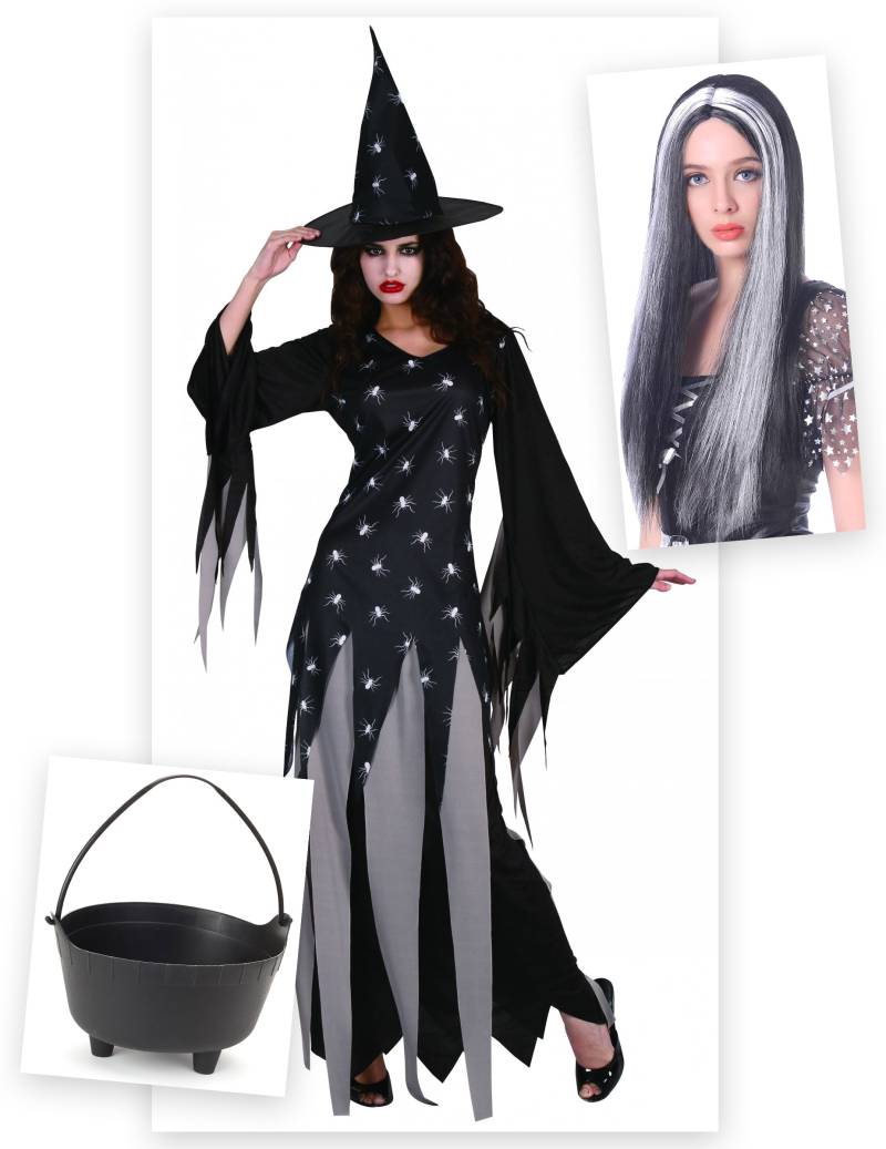 Sexy Zauberin Verkleidungs-Set für Halloween 3-teilig schwarz-grau-weiss von BCI