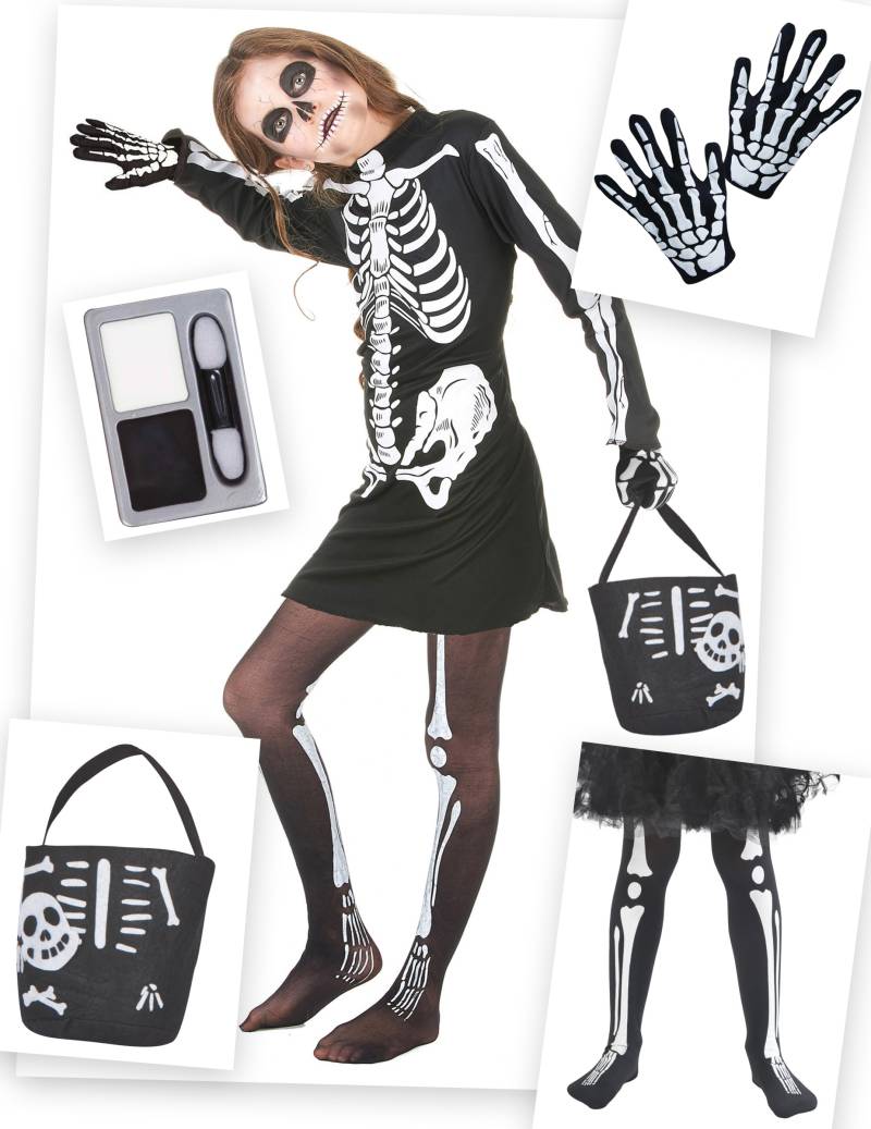 Skelett-Kostümset Halloween-Mädchenkostüm 5-teilig schwarz-weiss von BCI