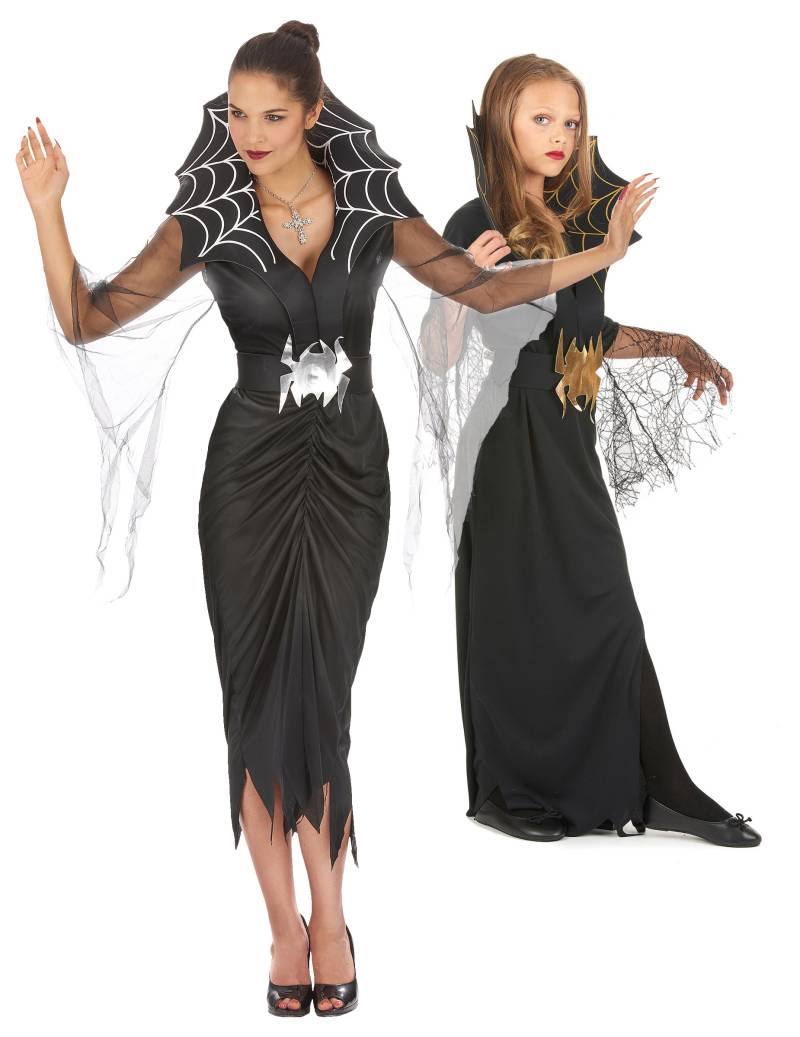 Spinnenhexen-Paarkostüm für Mutter und Tochter Halloween schwarz-silber-goldfarben von BCI