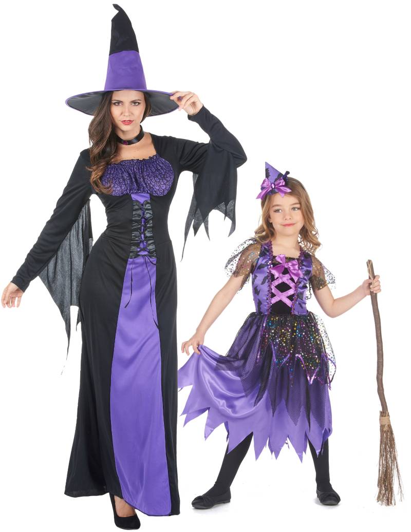 Süßes Hexen-Paarkostüm für Mutter und Kind Halloween schwarz-violett von BCI