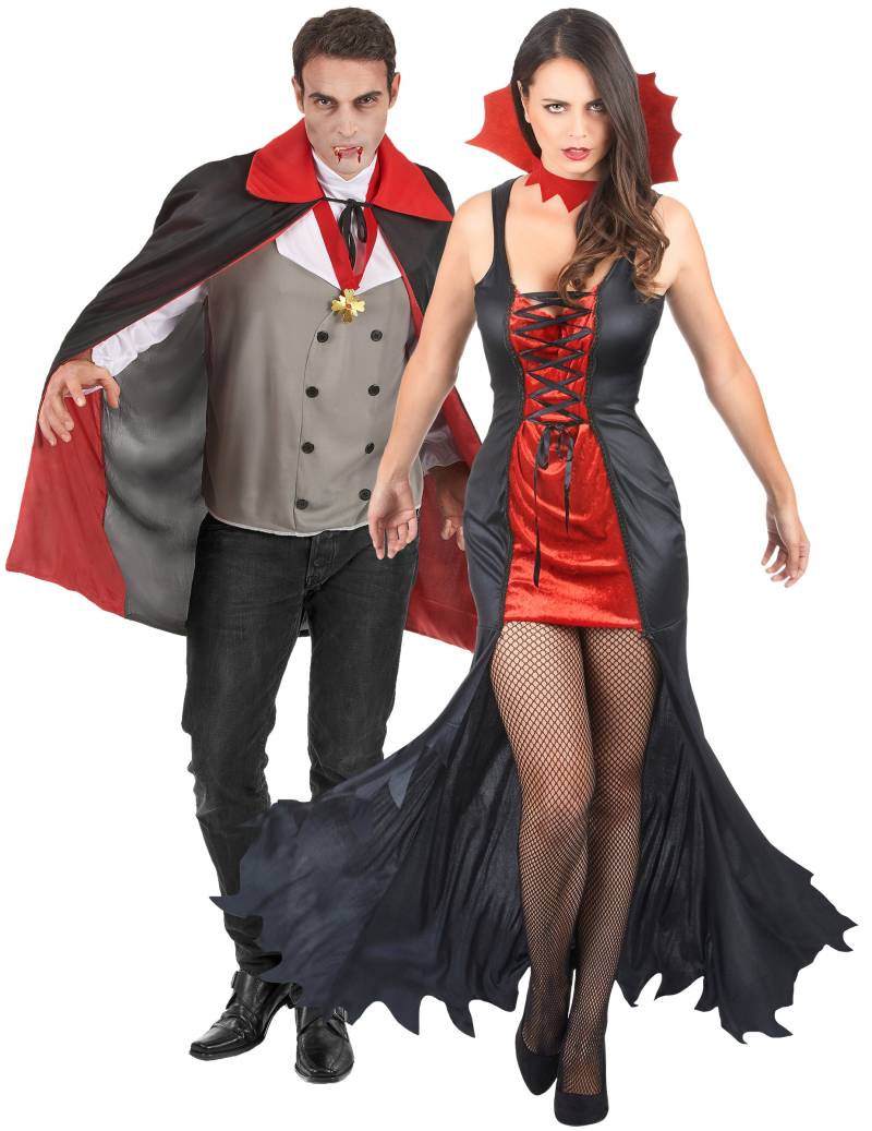 Todschickes Vampir-Pärchen Halloween-Paarkostüm für Erwachsene schwarz-rot-grau von BCI