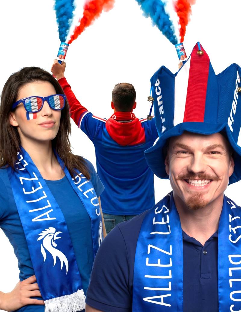 Ultimatives Frankreich Fan-Set: Rauchfackeln, Glockenhut, Schal, Brille + Make-up Ultimatives Frankreich Fan-Set: Rauchfackeln, Glockenhut, Schal, Brille + Make-up von BCI