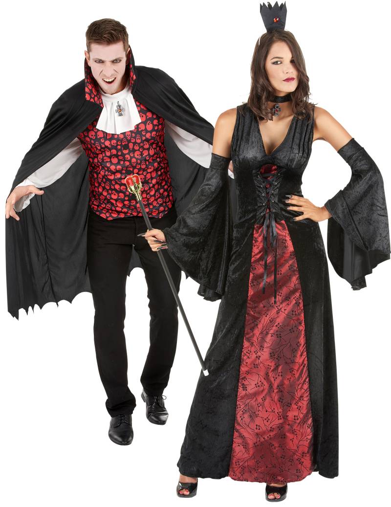 Unheimlich schickes Vampir-Pärchen Halloween-Paarkostüm für Erwachsene schwarz-rot-weiß von BCI