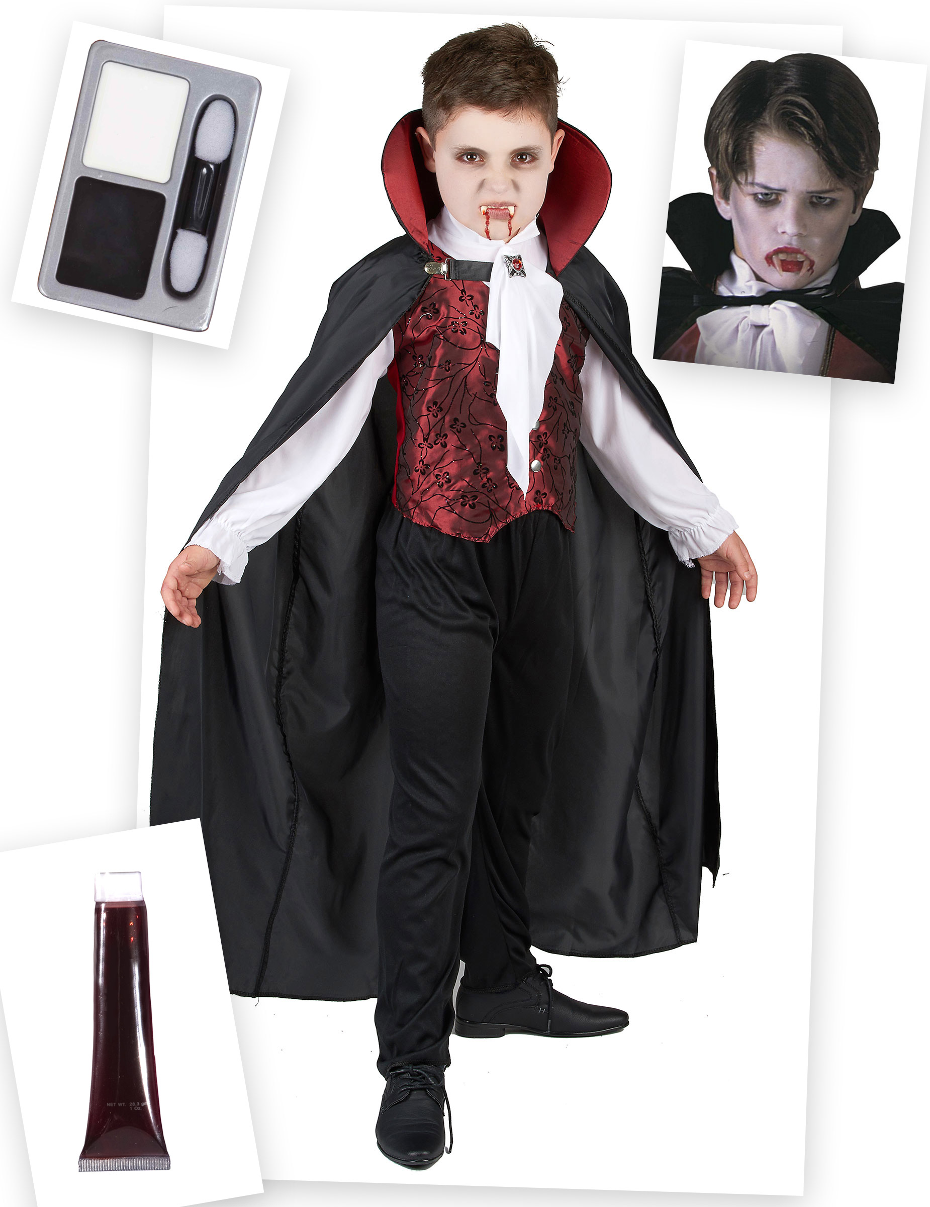 Vampir-Kostümset für Kinder Halloween-Kinderkostüm 4-teilig schwarz-weiss-rot von BCI