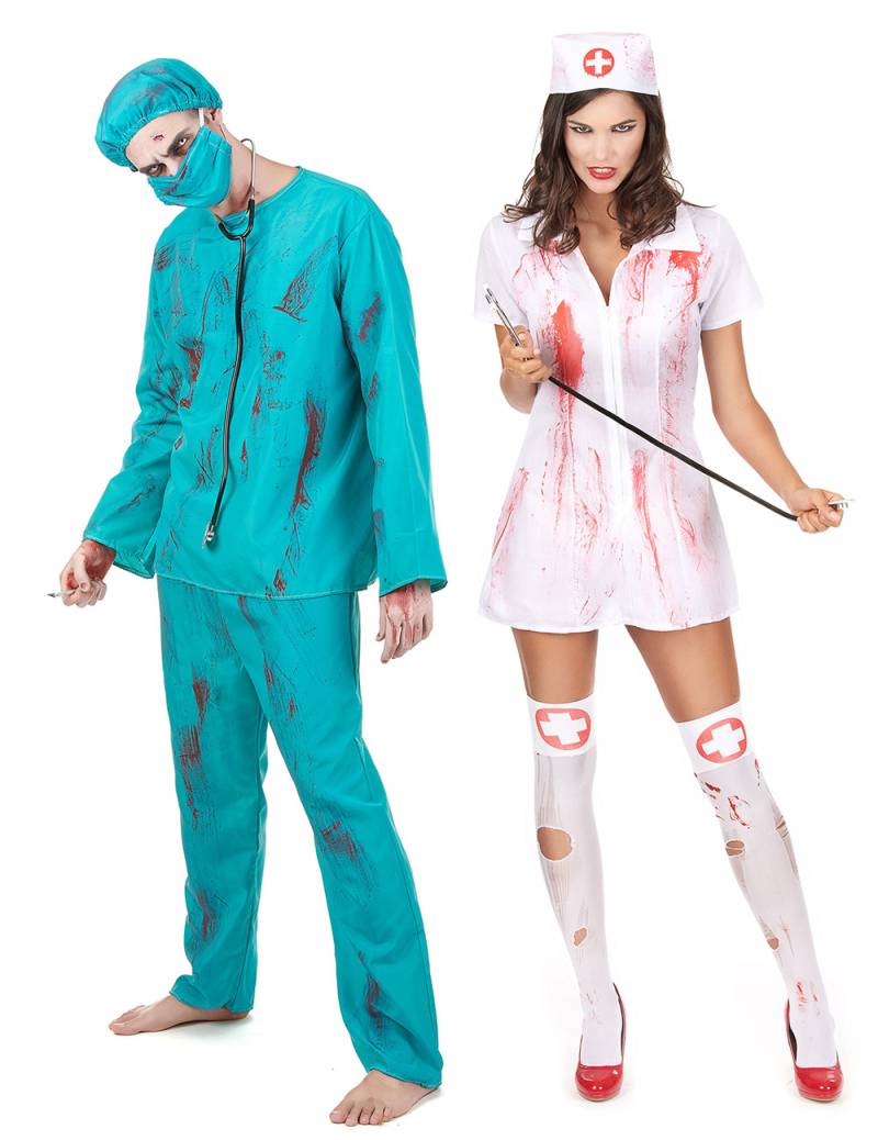 Zombie-Chirurg und Zombie-Krankenschwester Paarkostüm Halloween weiss-blau von BCI