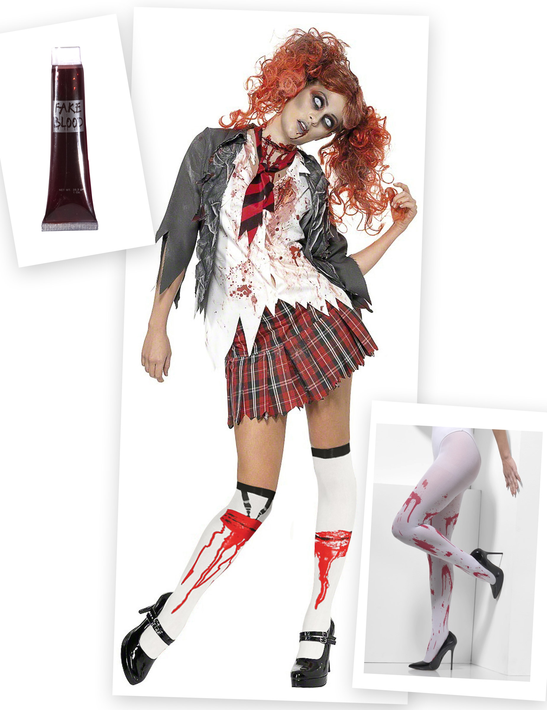 Zombie-Schülerin Damenkostüm-Set 3-teilig weiss-rot-grau Zombie-Schülerin Damenkostüm-Set 3-teilig weiss-rot-grau von BCI