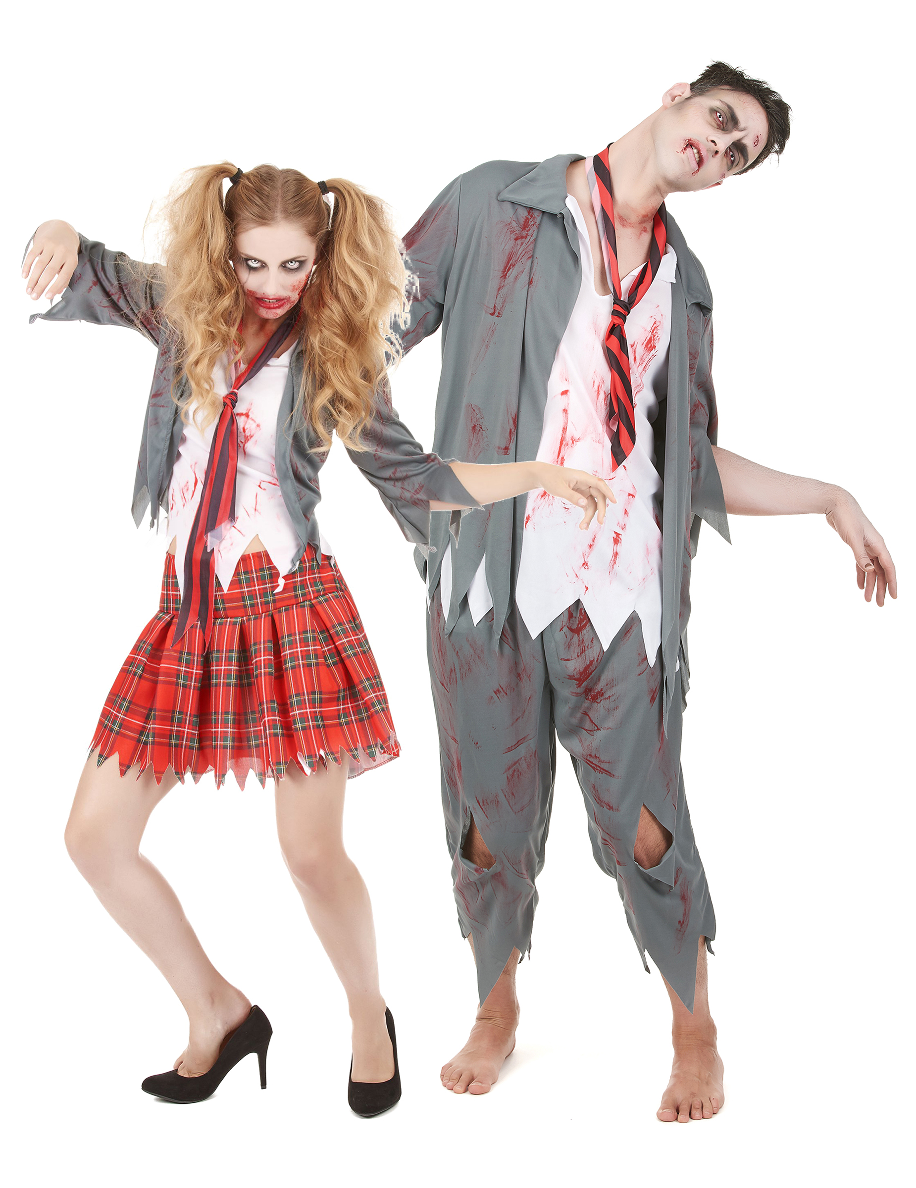 Zombie-Schülerkostüm Paarkostüm Halloween rot-weiss-grau von BCI