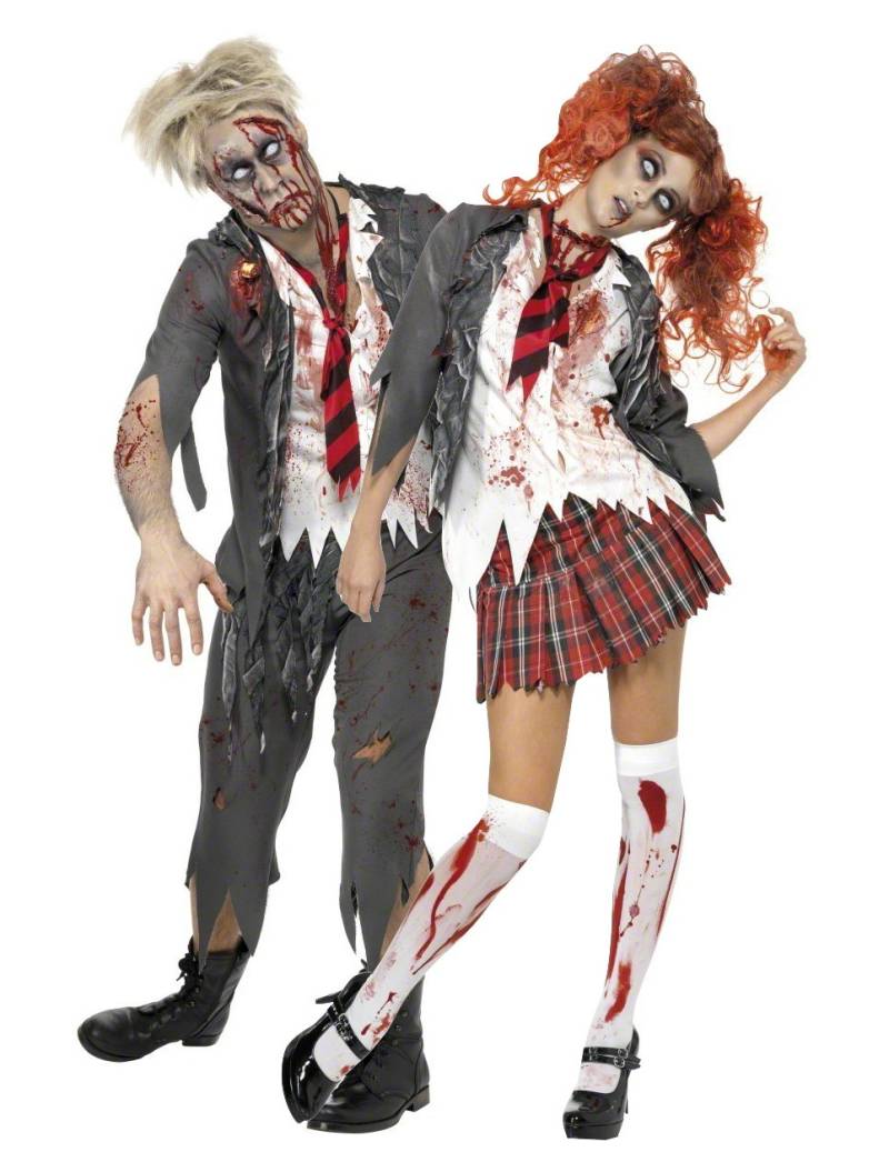 Zombie-Schülerpaar - originelles Halloween-Kostüm für zwei Erwachsene - grau-weiß-rot von BCI