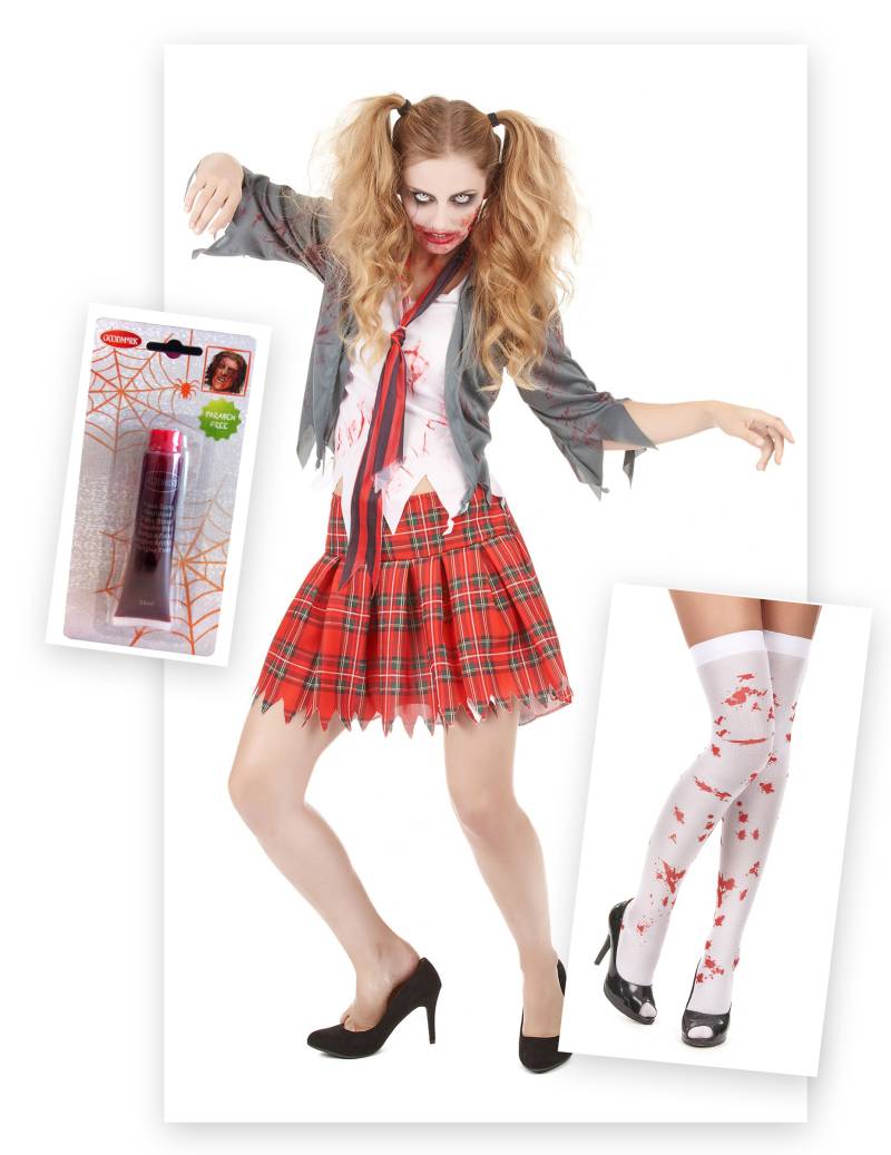 Zombieschülerin Halloween-Damenkostüm-Set 6-teilig rot-grau-weiss von BCI