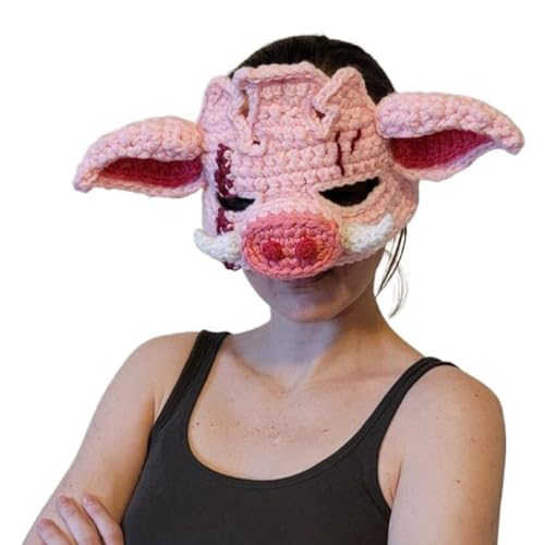 BCIOUS Halloween Kopfbedeckung Für Damen Und Herren Erwachsene 3D Schweinkopf Gestrickte Kopfmaske Handgefertigte Gesichtsmaske Gehäkelte Kopfbedeckung Für Partys Handgefertigte Kopfbedeckung von BCIOUS