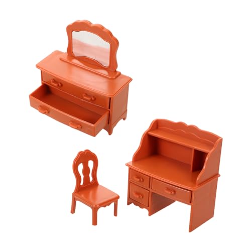 BCOATH Mini -Make -up -Tisch Schminktisch mit Spiegel Mini-Stuhl-Modell Puppenhaus Schlafzimmer Wohnzimmer Möbeldekoration Miniatur-Tischfigur Puppenhauszubehör Harz Hellbraun von BCOATH