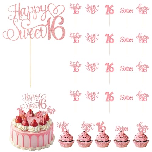 1 Stück Tortendeko 16 Geburtstag Mädchen+20 Stück Sweet 16 Cupcake Toppers,Roségold Glitzer Happy 16 Sweet-Sixteen Kuchen Deko,Sweet 16cake Topper für 16.Geburtstag Jahrestag Party Kuchen Dekorationen von BCYSNR